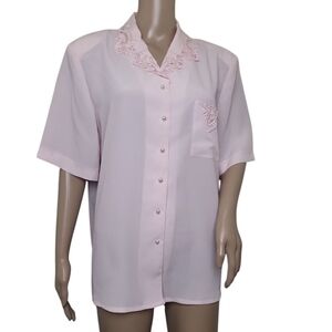 Kathy Che Embroidered Pearl Collar Pink Button Down Blouse